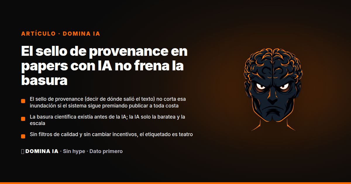 Portada del artículo: El sello de provenance en papers con IA no frena la basura: el sistema premia publicar a toda costa