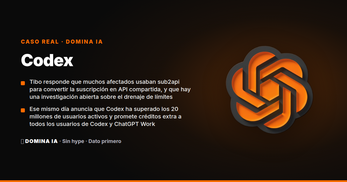 Portada del artículo: Codex: la comunidad mide un recorte de cuota, Tibo responde con sub2api y anuncia 20 millones de usuarios
