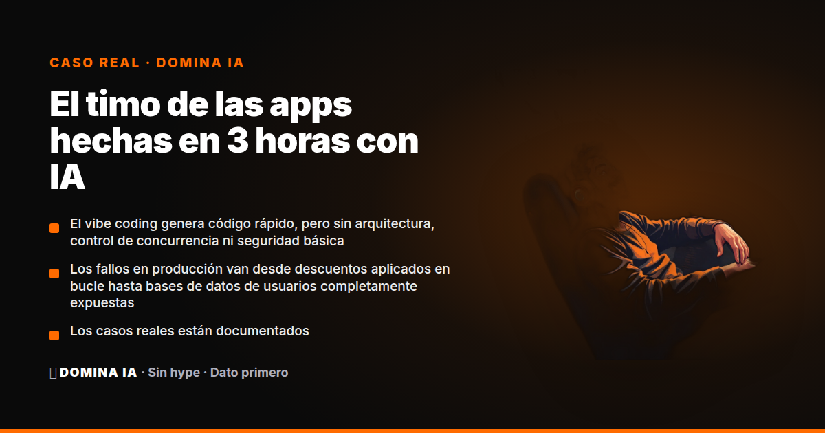 Portada del artículo: El timo de las apps hechas en 3 horas con IA: lo que pasa de verdad cuando el vibe coding llega a producción